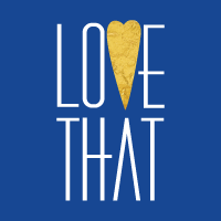 Blue, gold and white logo for Love That, a local boutique located at Belvedere Square.